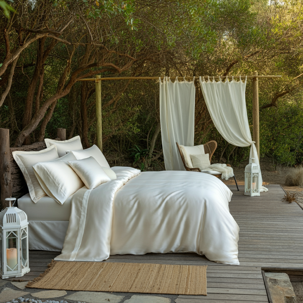 Luxuriöses Bett mit Bettwäsche aus ägyptischer Baumwolle, präsentiert in einem elegant eingerichteten Schlafzimmer, das Komfort und zeitlose Eleganz ausstrahlt.